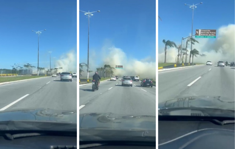 Inc&ecirc;ndio come&ccedil;ou na tarde desta sexta-feira (15), na Via Expressa Sul, em Florian&oacute;polis – Foto: Vanessa da Rocha/ND