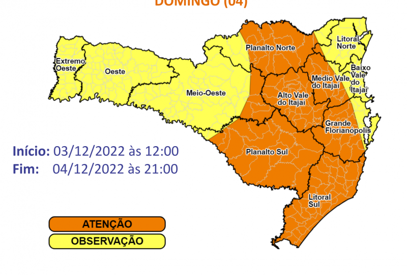 Risco &eacute; maior para as regi&otilde;es em laranja no mapa – Foto: Defesa Civil/Divulga&ccedil;&atilde;o/ND