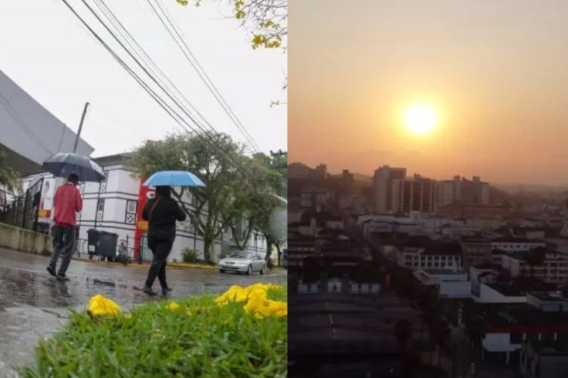 Na imagem aparece pessoas com guarda chuva e no outro lado sol, condição que antecede chegada de uma frente fria