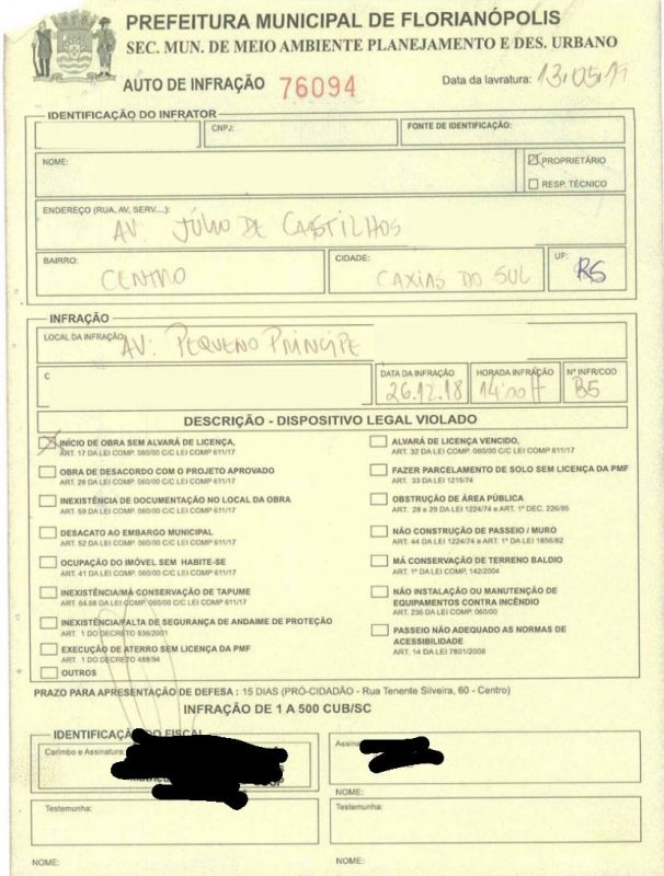 Veja um dos documentos disponibilizados ao ND+ com autos de infra&ccedil;&otilde;es ao construtor – Foto: Divulga&ccedil;&atilde;o ND