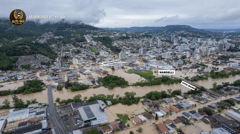 Foto da enchente e Rio do Sul na quinta-feira (12) – Foto: Alto Vale Digital M&iacute;dia/Reprodu&ccedil;&atilde;o/ND