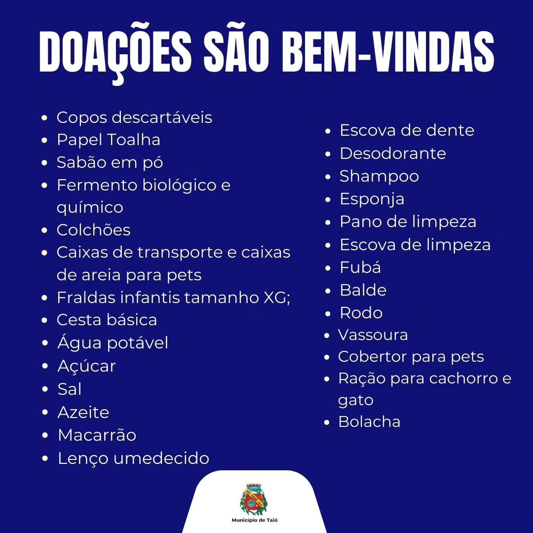 Prefeitura anuncia ponto de coleta e quais itens podem ser doados - Redes Sociais/Prefeitura de Taió/Divulgação/ND