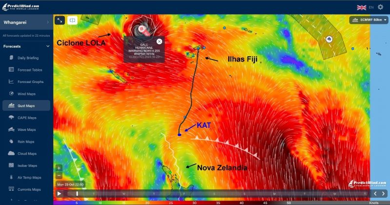 Tripula&ccedil;&atilde;o compartilha mapa que mostra veleiro Kat e condi&ccedil;&otilde;es mais recentes da travessia Fiji- Nova Zel&acirc;ndia, incluindo proximidade do ciclone Lola – Foto: 48B61AE7-4A05-4AED-B655-2CF9C5FE7853