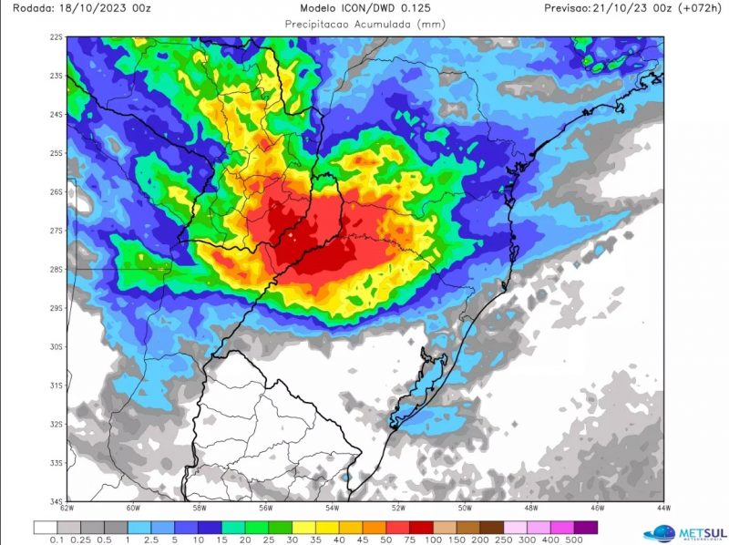 Vale ressaltar que as proje&ccedil;&otilde;es s&atilde;o estimativas criadas em computadores. Sendo assim, as chuvas podem ser maiores do que indicados pelas simula&ccedil;&otilde;es – Foto: MetSul/Divulga&ccedil;&atilde;o/ND