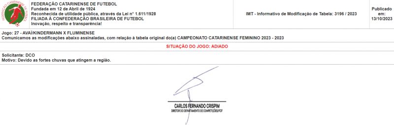 FCF adiou jogo entre Avaí Kindermann e Fluminense 