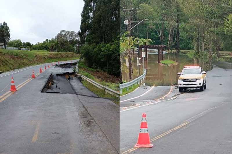 Na SC-477, em Itai&oacute;polis houve ocorr&ecirc;ncia de rachaduras. Na SC-340, em Porto Uni&atilde;o, alagamento na pista – Foto: PRMv/Divulga&ccedil;&atilde;o
