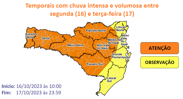 Alerta da Defesa Civil coloca regi&otilde;es do Oeste, Planaltos e Alto Vale do Itaja&iacute; em aten&ccedil;&atilde;o com chuvas. – Foto: Divulga&ccedil;&atilde;o/Defesa Civil