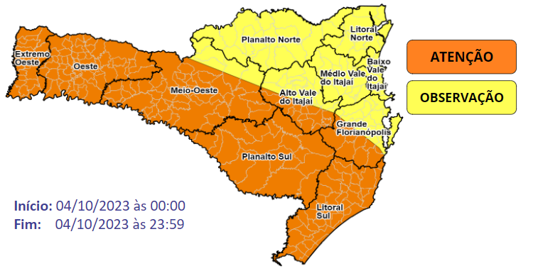 Nas regi&otilde;es que est&atilde;o em laranja no mapa o risco &eacute; considerado alto para enxurradas, alagamentos e deslizamentos – Foto: Defesa Civil/Divulga&ccedil;&atilde;o/ND