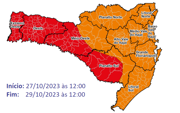 Mapa de Santa Catarina, com parte das regiões marcadas de vermelho que mostra que estão em risco muito alto para chuva volumosa. Outra parte está em laranja, aonde o risco é considerado alto