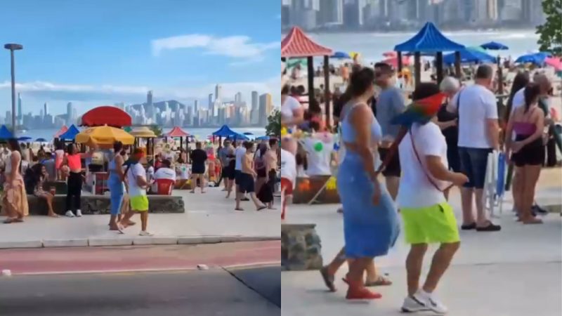 Homem 'novo pirata' carregando arara no ombro passeia pela praia central de balneário camboriú com a família; diversas pessoas estão no entorno 