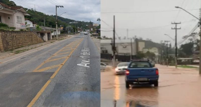 Avenida Primeiro de Maio, em Brusque, tamb&eacute;m teve pontos de alagamento. – Foto: Reprodu&ccedil;&atilde;o/Google Street View/Reprodu&ccedil;&atilde;o
