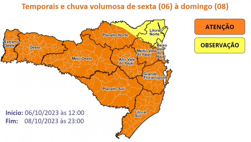 Mapa de temporais mostra chuva volumosa e alerta para o período entre sexta e domingo