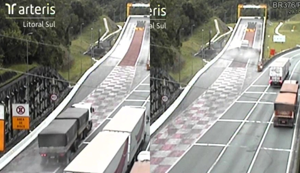 foto da direita mostra carreta passando outro caminhão em direção à área de escape, na foto da esquerda mostra a carreta parando cerca de 75 metros depois de adentrar a área para parada da rodovia,