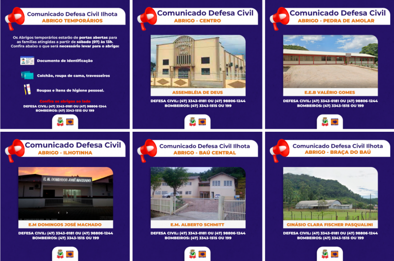 Abrigos foram abertos na tarde deste s&aacute;bado, &agrave;s 13h, ap&oacute;s prefeitura decretar situa&ccedil;&atilde;o de emerg&ecirc;ncia – Foto: Prefeitura de Ilhota/Divulga&ccedil;&atilde;o/ND