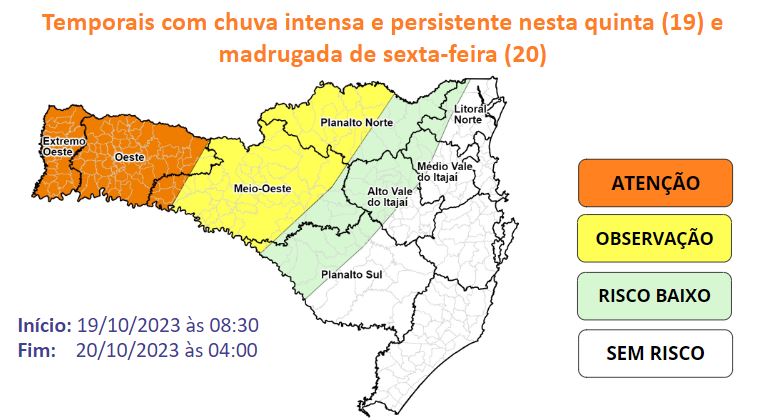 Risco para ocorrências meteorológicas em partes de Santa Catarina. &#8211; Foto: Defesa Civil/Divulgação/ND