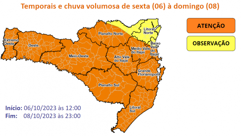 Defesa Civil alerta para risco de enxurradas, inundações, alagamentos e deslizamentos &#8211; Foto: DCSC/Divulgação/ND