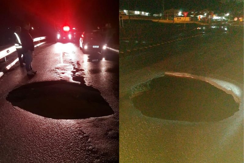 Buraco na via após fortes chuvas em Santa Catarina 