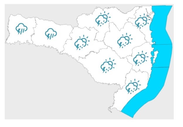 Mapa de SC que ilustra as regiões que devem apresentar chuva na sexta-feira