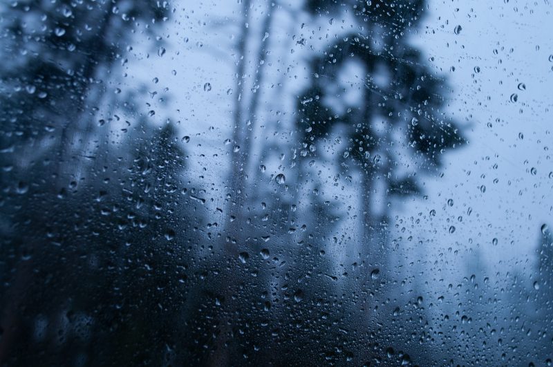 Imagem ilustrativa de gotas de chuva caindo sobre um painel de vidro, com árvores ao fundo