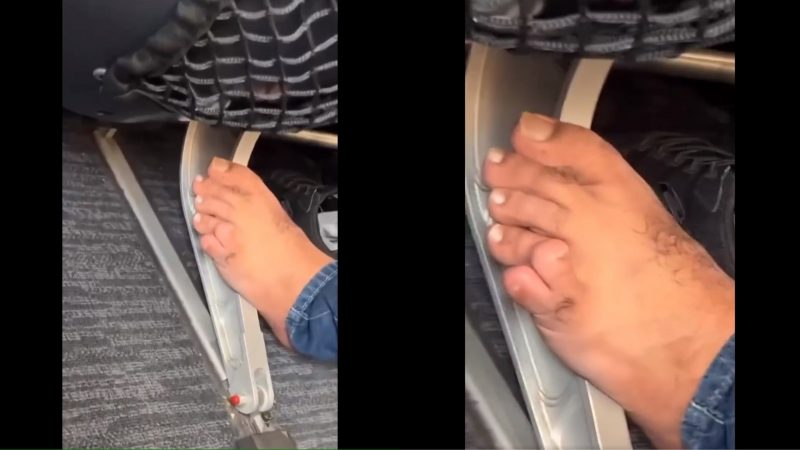 Passageiro é flagrado com pé descalço e com 6 dedos durante voo.