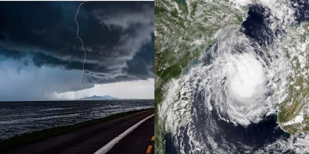 Na imagem da esquerda aparece um temporal e na foto da direita aparece a atuação de um ciclone extratropical.