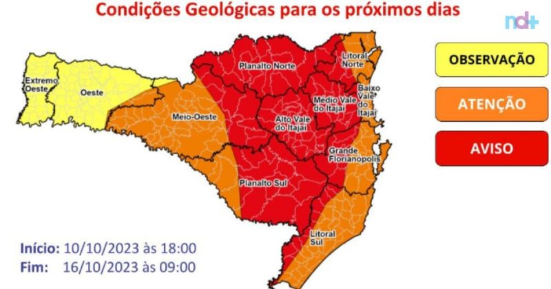 &Aacute;reas em vermelho no mapa indicam alto risco para alagamentos e deslizamentos – Foto: Defesa Civil Brusque/Reprodu&ccedil;&atilde;o