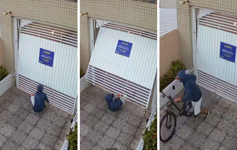 Suspeito entra por baixo do port&atilde;o de uma garagem para furtar bicicleta, no bairro Balne&aacute;rio, em Florian&oacute;polis – Foto: Reprodu&ccedil;&atilde;o/ND