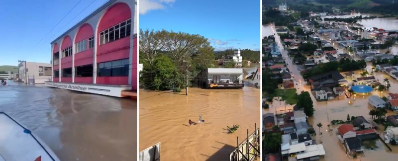 Tai&oacute;, ao centro e &agrave; esquerda, e Rio do Campo, &agrave; direita, foram duramente castigadas pela enchente do rio Itaja&iacute; do Oeste entre domingo (8) e segunda-feira (9) – Foto: Redes Sociais/Nando Borges/Divulga&ccedil;&atilde;o/ND