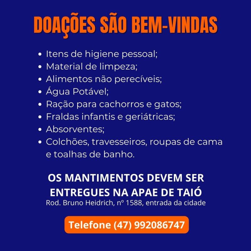 Prefeitura de Tai&oacute; est&aacute; arrecadando doa&ccedil;&otilde;es para as v&iacute;timas da enchente – Foto: Prefeitura de Tai&oacute;/Divulga&ccedil;&atilde;o/ND