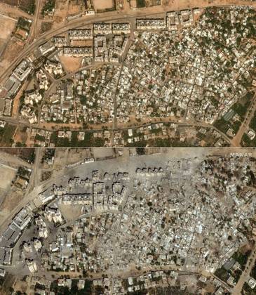 In this image, the difference between the before and after is only 15 days.  Like other parts of the Gaza Strip, the Izbat Beit Hanoun area burned to the ground.  The Israeli army is now expected to soon carry out a ground invasion of the territory in search of Hamas terrorists hiding in the enclave - Maxar Technologies/AFP/Reproduction/ND