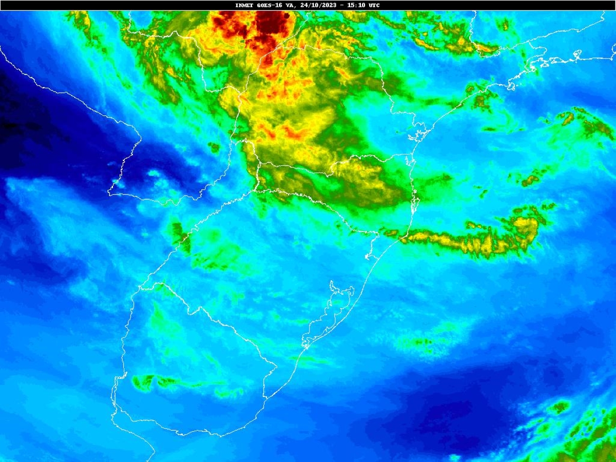 Imagem de satélite mostra o Sul do Brasil dominado pela frente fria que avança gradativamente pelo Estado e trazem muitas chuvas.