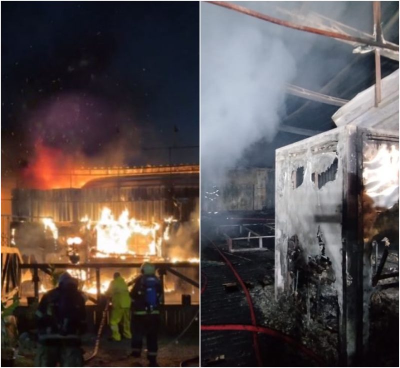 Chamas se espalharam pela estrutura do food park no bairro Ingleses – Foto: REPRODU&Ccedil;&Atilde;O/@PRAIADOSINGLESESFLORIPA/CORPO DE BOMBEIROS