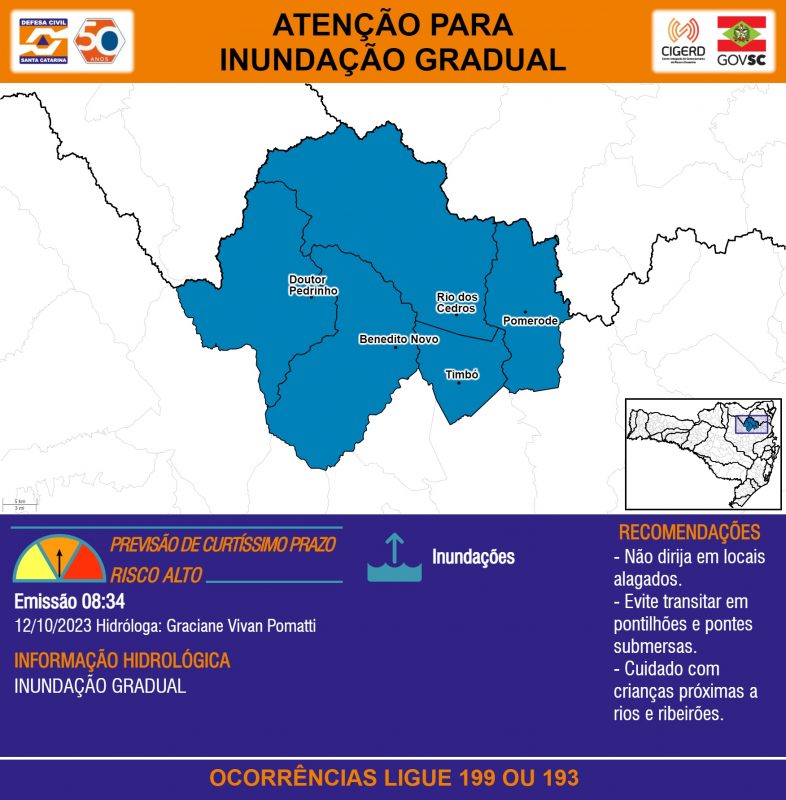 Defesa Civil divulgou alerta de inundação gradual e atualizou o volume de chuva registrado nas últimas horas, nesta quinta-feira (12) &#8211; Foto: Defesa Civil de Santa Catarina/Divulgação/ND