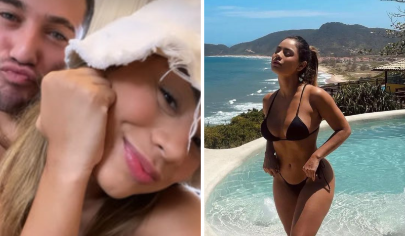 Fotomontagem com a cantora Lexa e o novo affair na foto à esquerda e na foto à direita ela aparece em pé de biquíni preto dentro da piscina, ao fundo uma praia se destaca com mar azul