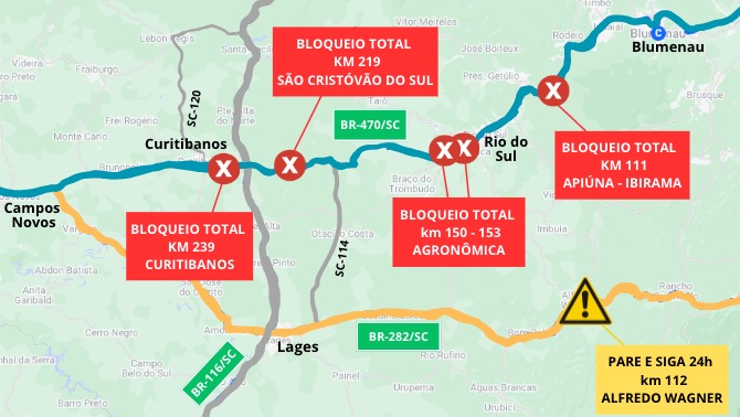 O DNIT (Departamento Nacional de Infraestrutura de Transportes) interditou o km 111 da BR-470 nesta quinta-feira (12) 