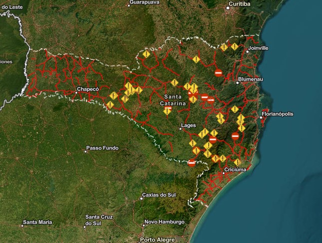 Mapa mostra situa&ccedil;&atilde;o de rodovias em SC em tempo real – Foto: SIE/Reprodu&ccedil;&atilde;o/ND