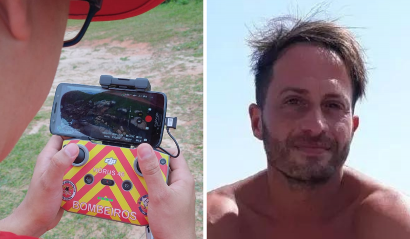 Photomontage of two images.  On the left is a photograph of a Santa Catarina Military Fire Department officer using a cell phone, images transmitted by drone.  And on the right is a photo of the missing Austrian tourist, he is sitting and the image shows a cutout from the shoulder up.