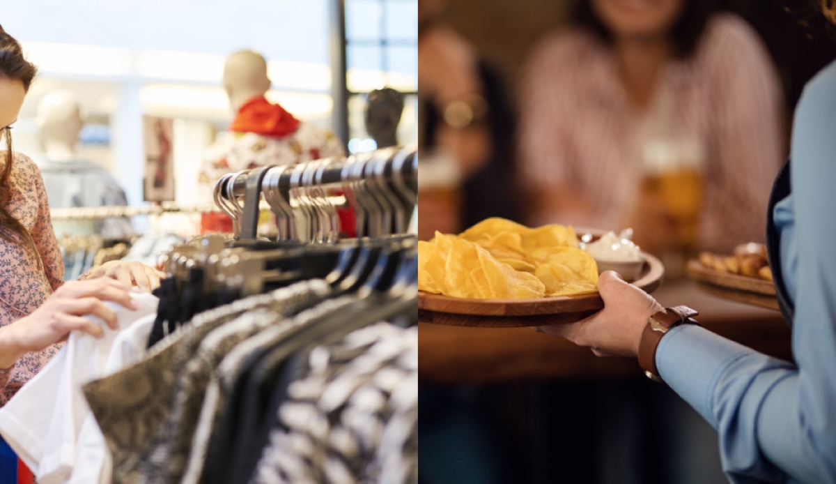 Na esquerda uma mulher escolhendo uma peça de roupa e na direita um homem trabalhando em uma vaga temporária de garçom.