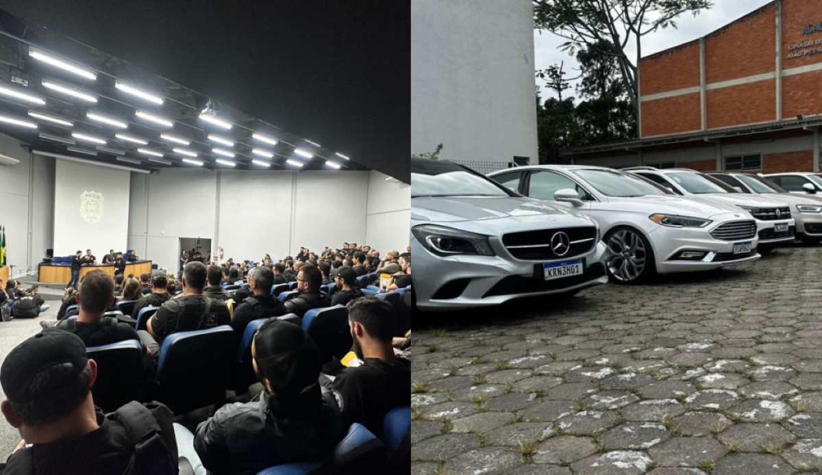 Agentes reunidos antes da operação policial Bilionarco e na montagem, do lado direito, vários carros de luxo estacionados