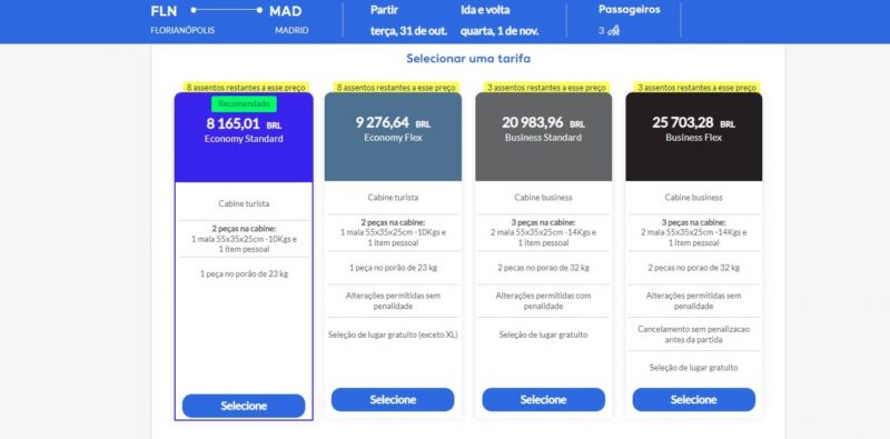 Tabela de valores retiradas do site oficial