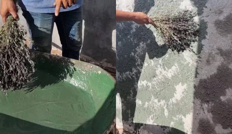 na foto da direita pedreiro mostra a ferramenta que utiliza sobre um carinho de mão cheio de massa e na outra foto ele mostra a aplicação feita na parede