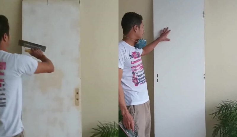 Na foto da direita aparece o pedreiro aplicando massa acrílica na portal, na foto da esquerda o homem mostra o resultado após a aplicação.