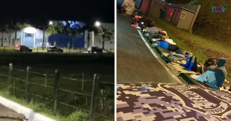 na fotomontagem, primeira imagem mostra pessoas durante a expulsão sendo escoltadas pela PM e na segunda, pessoas no chão ao relento na BR-101