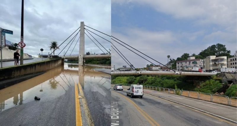 Ponte Irineu Bornhausen, em Brusque, sofreu com a sa&iacute;da da calha do rio Itaja&iacute;-Mirim. – Foto: Reprodu&ccedil;&atilde;o/Prefeitura de Brusque/Reprodu&ccedil;&atilde;o/Google Street View