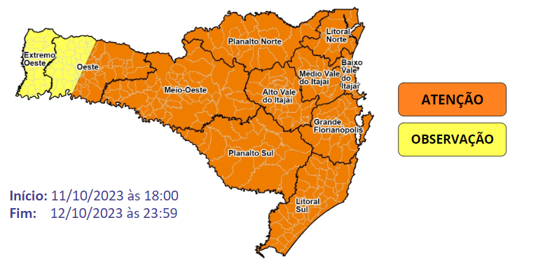 Risco de inundações é muito alto nas áreas em laranja do mapa &#8211; Foto: Defesa Civil/Divulgação/ND