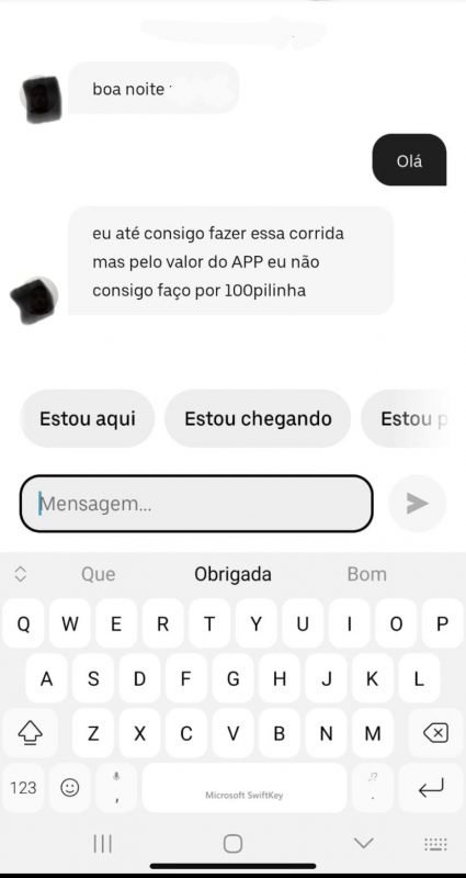 Conversa pelo aplicativo que comprova a extorsão &#8211; Foto: Uber/Divulgação/ND