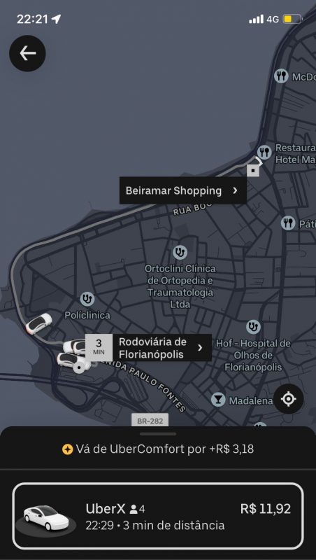 Plataforma da uber mostra o valor da corrida da rodoviária até o beira-mar shopping