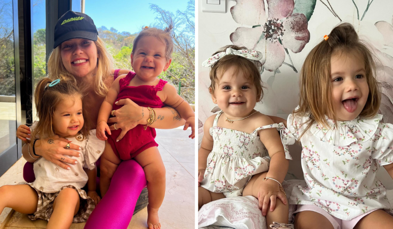 Fotomontagem com duas fotos. À esquerda, a influenciadora digital Virginia Fonseca está de boné, sorrindo, segurando as duas filhas, uma em cada braço, as duas também estão sorrindo. Na foto à direita, apenas as duas filhas aparecem, a menor sorrindo e a maior mostrando a língua. As duas usam vestidos com a mesma estampa na cor branco com flores rosas formando corações.
