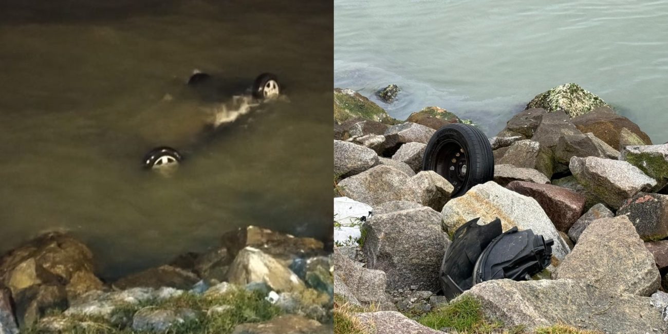 Na montagem aparece na foto da esquerda um carro caído no mar e na outra foto um pneu do veículo em meio as pedras contribuindo para um trânsito intenso nesta véspera de feriado.