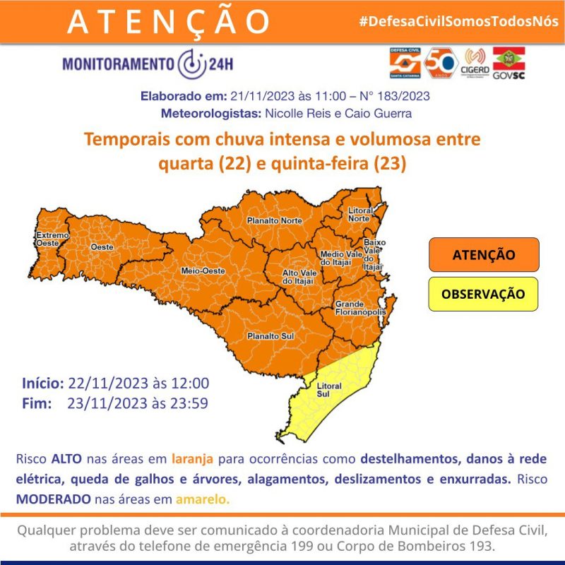 Imagem de previsão da Defesa Civil para acidentes meteorológicos em Santa Catarina causados pela volta das fortes chuvas